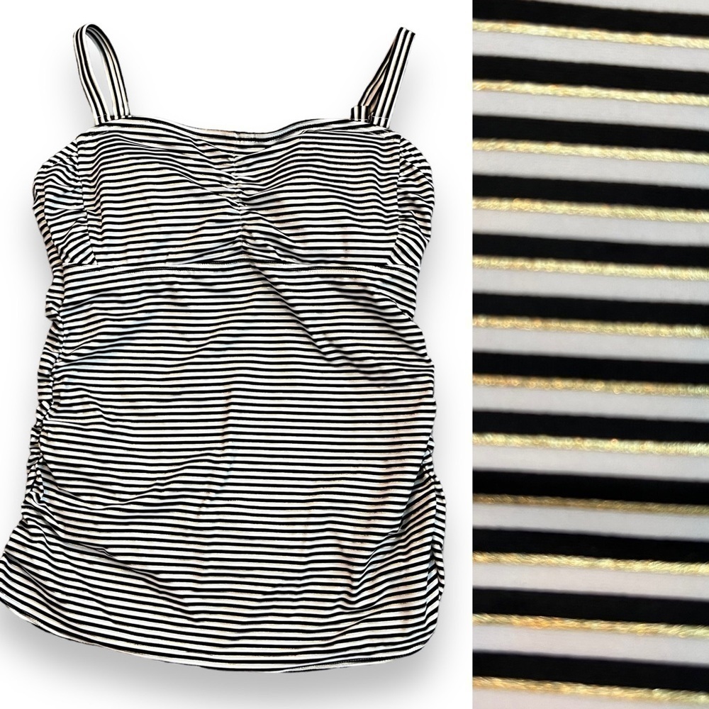 Soma Tankini Swim Top ONLY black white Striped Ruched Built in Bra MED 38C/36D